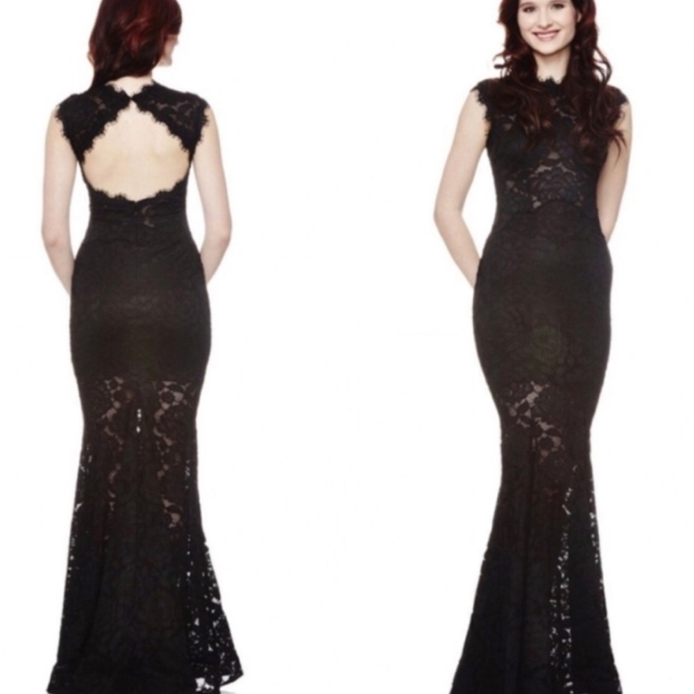 Betsy & Adam Black Lace Backless Gown